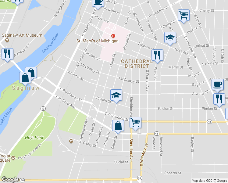 map of restaurants, bars, coffee shops, grocery stores, and more near 702 Atwater Street in Saginaw