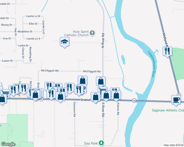 map of restaurants, bars, coffee shops, grocery stores, and more near 7111 McCliggott Road in Saginaw