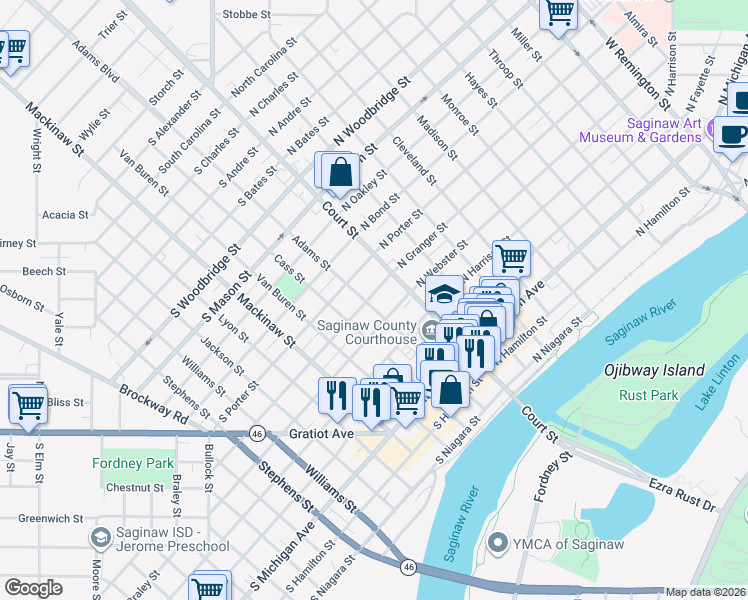 map of restaurants, bars, coffee shops, grocery stores, and more near 820 Adams Street in Saginaw