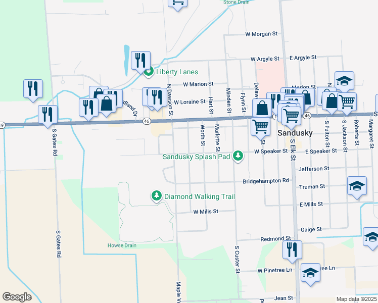 map of restaurants, bars, coffee shops, grocery stores, and more near 98 South Lamotte Street in Sandusky