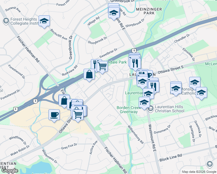 map of restaurants, bars, coffee shops, grocery stores, and more near 14 Williamsburg Road in Kitchener