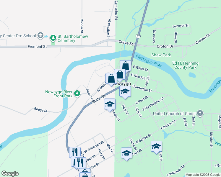 map of restaurants, bars, coffee shops, grocery stores, and more near 85 State Road in Newaygo