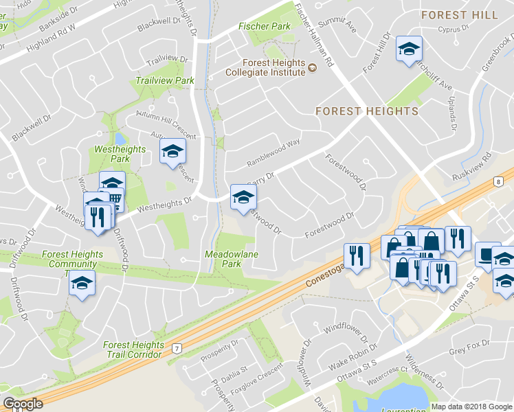 map of restaurants, bars, coffee shops, grocery stores, and more near 97 Meadowlane Drive in Kitchener