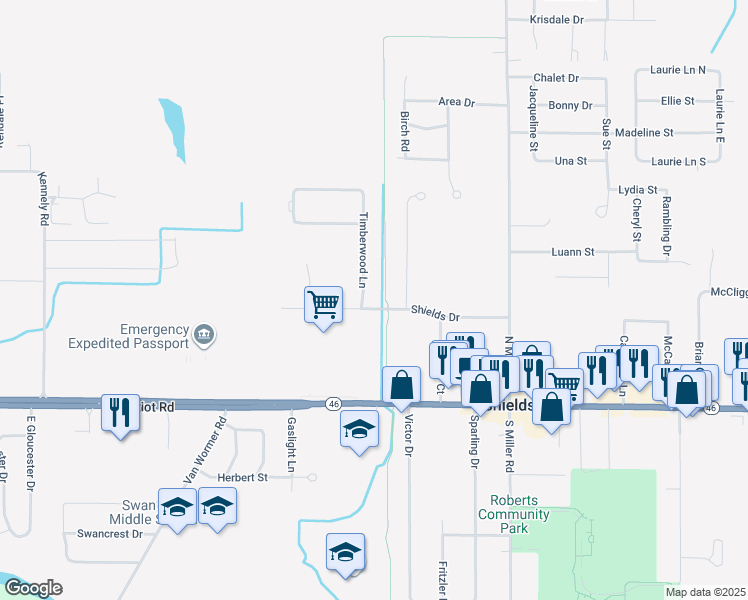 map of restaurants, bars, coffee shops, grocery stores, and more near 8300 Shields Drive in Saginaw
