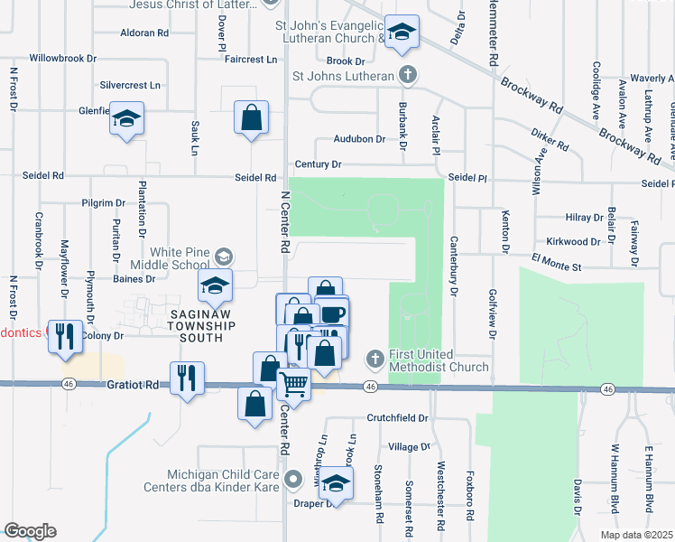 map of restaurants, bars, coffee shops, grocery stores, and more near 10 Center Woods Drive North in Saginaw