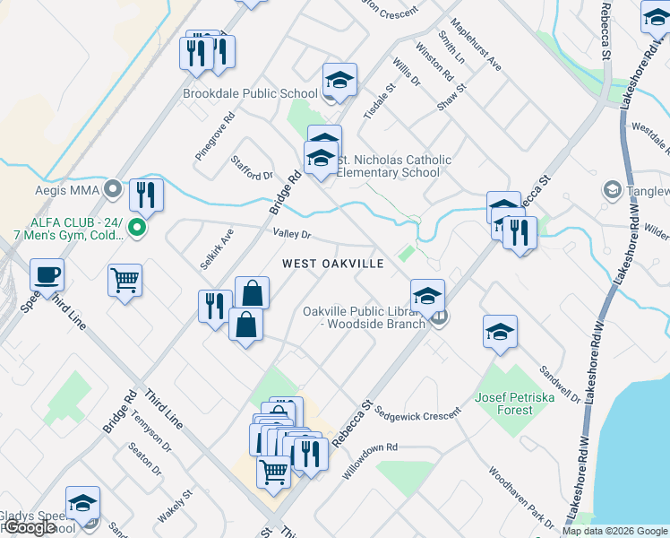 map of restaurants, bars, coffee shops, grocery stores, and more near 1310 Tansley Drive in Oakville