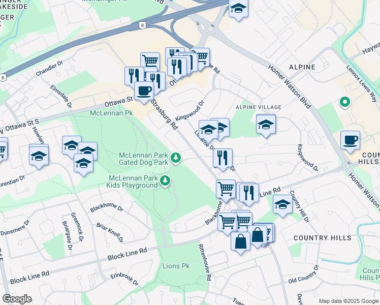 map of restaurants, bars, coffee shops, grocery stores, and more near 518 Strasburg Road in Kitchener