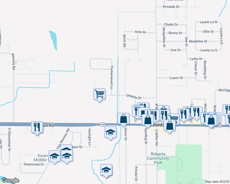map of restaurants, bars, coffee shops, grocery stores, and more near 8338 Shields Drive in Saginaw