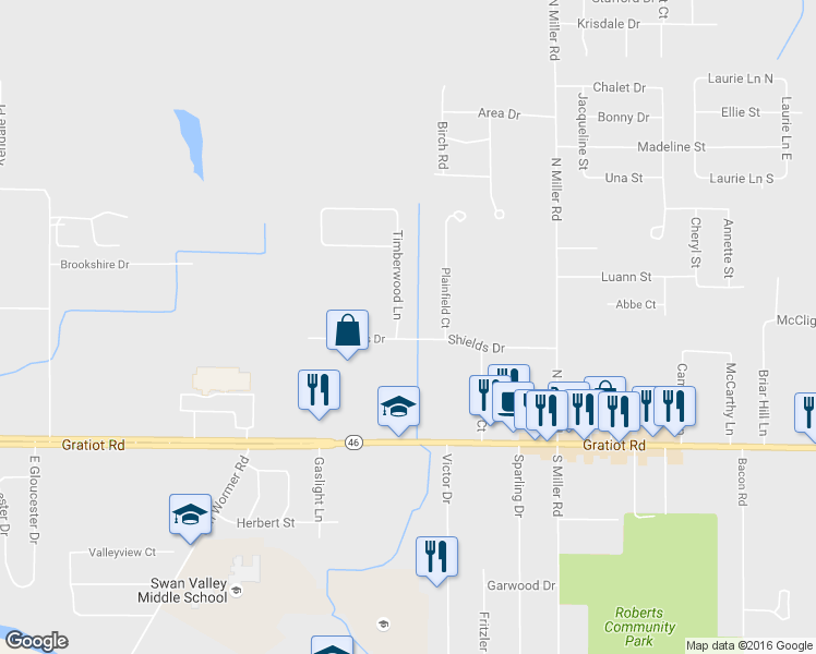 map of restaurants, bars, coffee shops, grocery stores, and more near 8338 Shields Drive in Saginaw