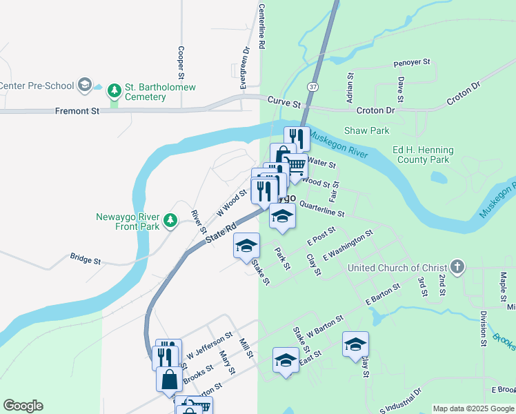 map of restaurants, bars, coffee shops, grocery stores, and more near 85 State Road in Newaygo