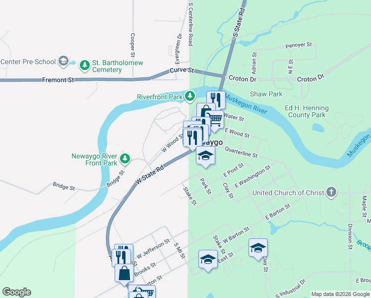 map of restaurants, bars, coffee shops, grocery stores, and more near 85 State Road in Newaygo