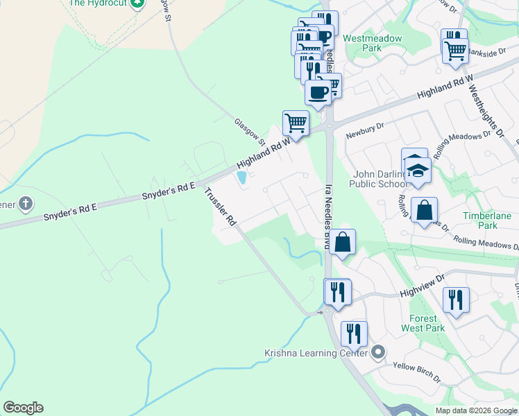 map of restaurants, bars, coffee shops, grocery stores, and more near 50 Cora Drive in Kitchener