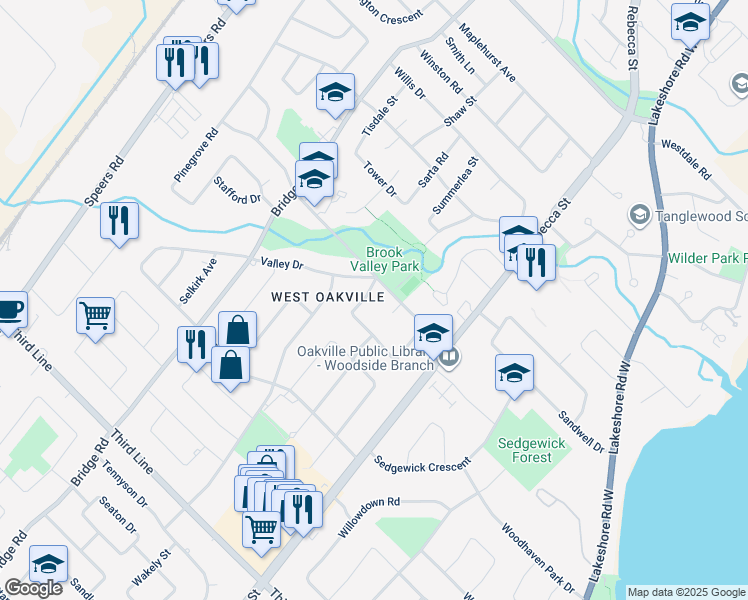 map of restaurants, bars, coffee shops, grocery stores, and more near 393 Sandhurst Drive in Oakville