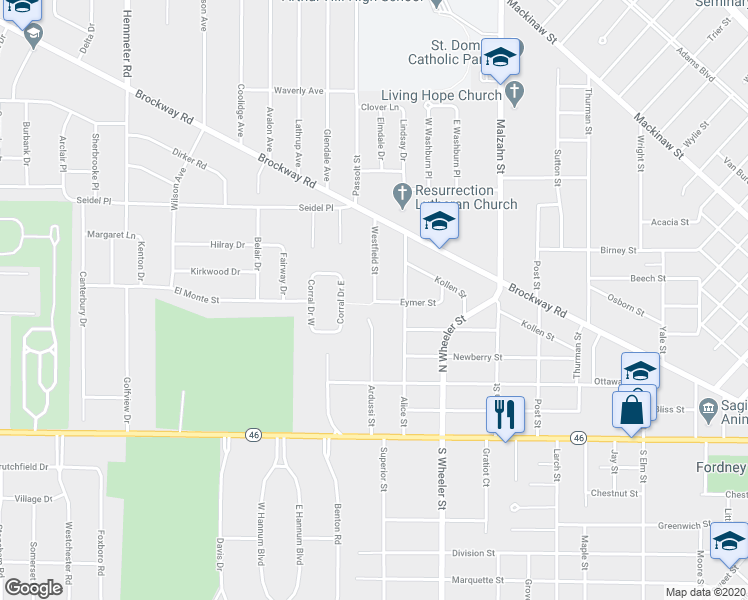 map of restaurants, bars, coffee shops, grocery stores, and more near 602 Westfield Street in Saginaw