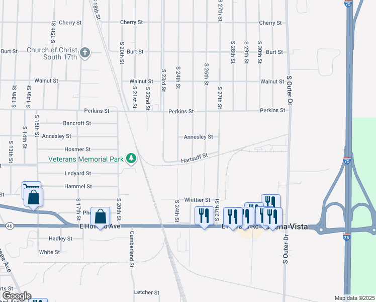 map of restaurants, bars, coffee shops, grocery stores, and more near 837 South 25th Street in Saginaw