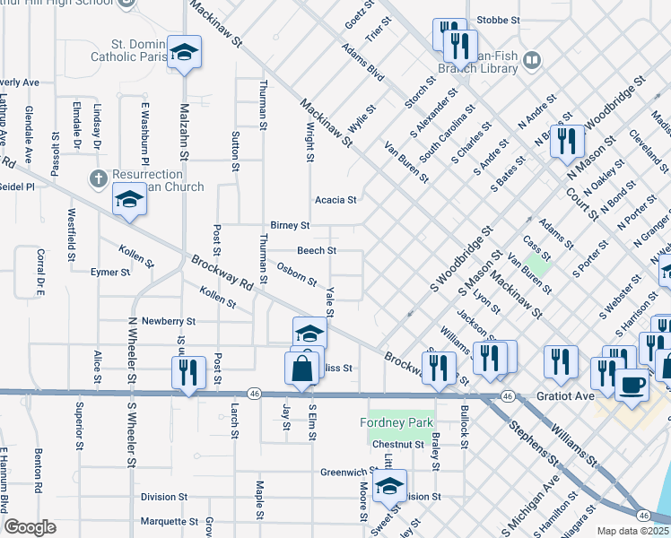 map of restaurants, bars, coffee shops, grocery stores, and more near 509 Yale Street in Saginaw
