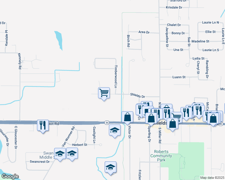 map of restaurants, bars, coffee shops, grocery stores, and more near 8338 Shields Drive in Saginaw