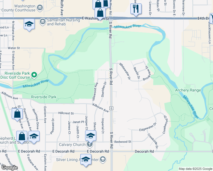 map of restaurants, bars, coffee shops, grocery stores, and more near 411 Sheridan Drive in West Bend