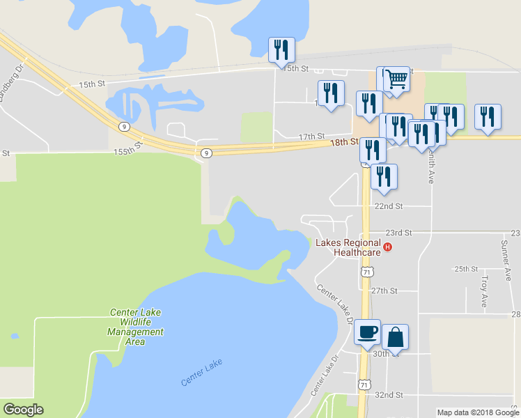 map of restaurants, bars, coffee shops, grocery stores, and more near 2400 Center Lake in Spirit Lake