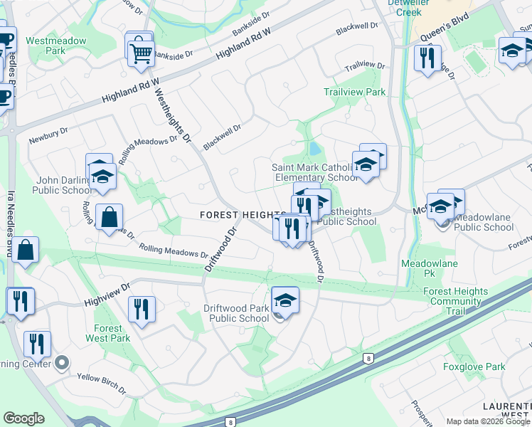map of restaurants, bars, coffee shops, grocery stores, and more near 504 Westheights Drive in Kitchener