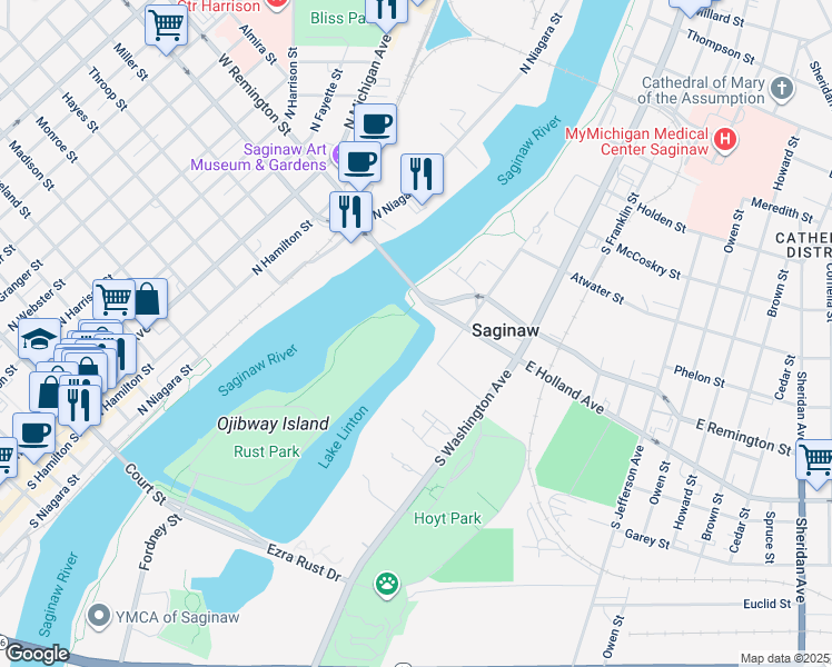 map of restaurants, bars, coffee shops, grocery stores, and more near in Saginaw