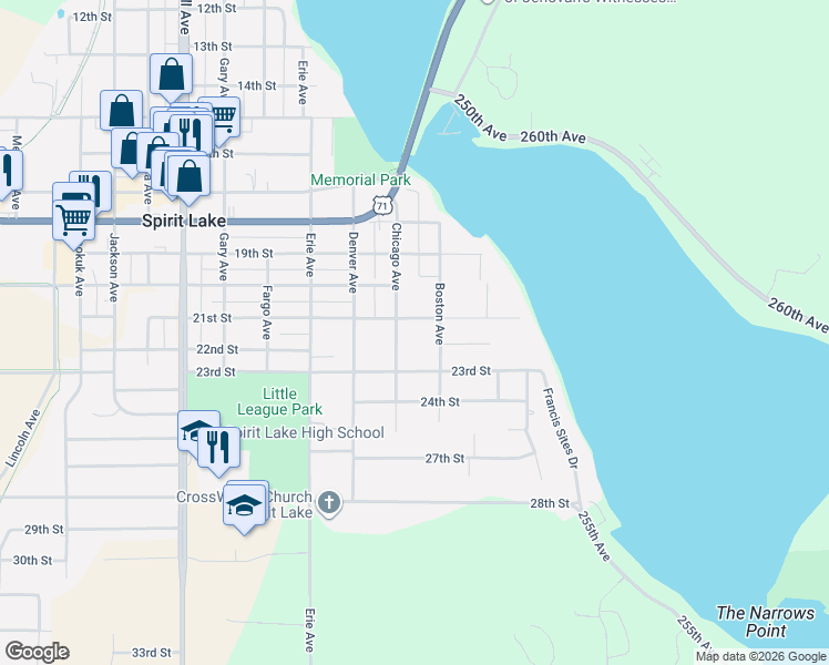 map of restaurants, bars, coffee shops, grocery stores, and more near 2101-2299 Chicago Ave in Spirit Lake