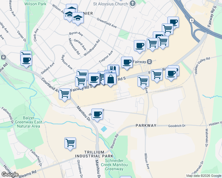 map of restaurants, bars, coffee shops, grocery stores, and more near 589 Fairway Road South in Kitchener