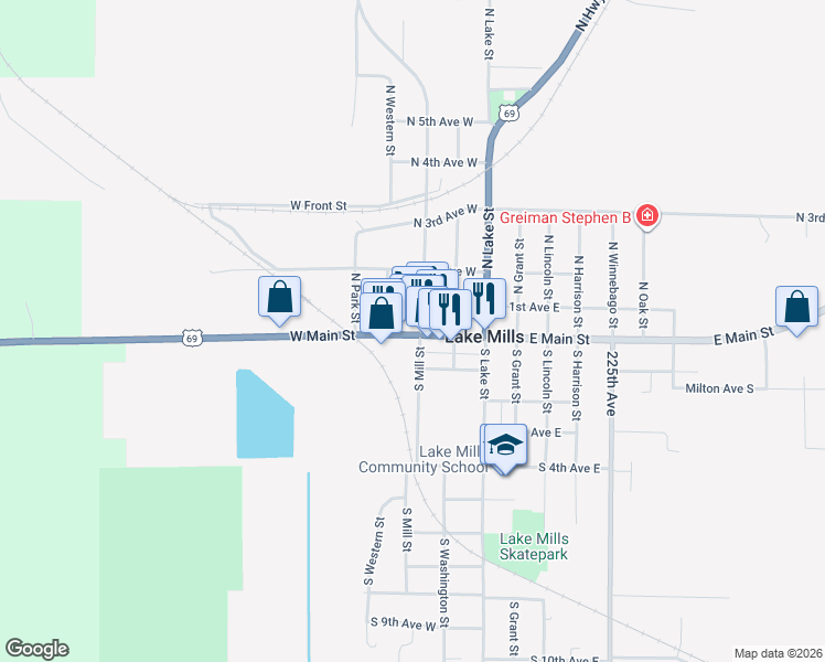 map of restaurants, bars, coffee shops, grocery stores, and more near 106 South Mill Street in Lake Mills