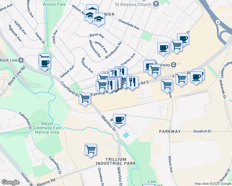 map of restaurants, bars, coffee shops, grocery stores, and more near 655 Fairway Road South in Kitchener