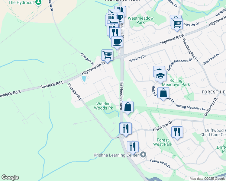 map of restaurants, bars, coffee shops, grocery stores, and more near 76 Penelope Drive in Kitchener
