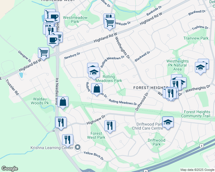 map of restaurants, bars, coffee shops, grocery stores, and more near 91 Timberlane Crescent in Kitchener