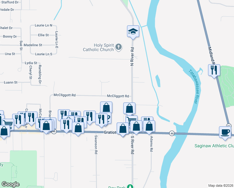 map of restaurants, bars, coffee shops, grocery stores, and more near 7111 McCliggott Road in Saginaw