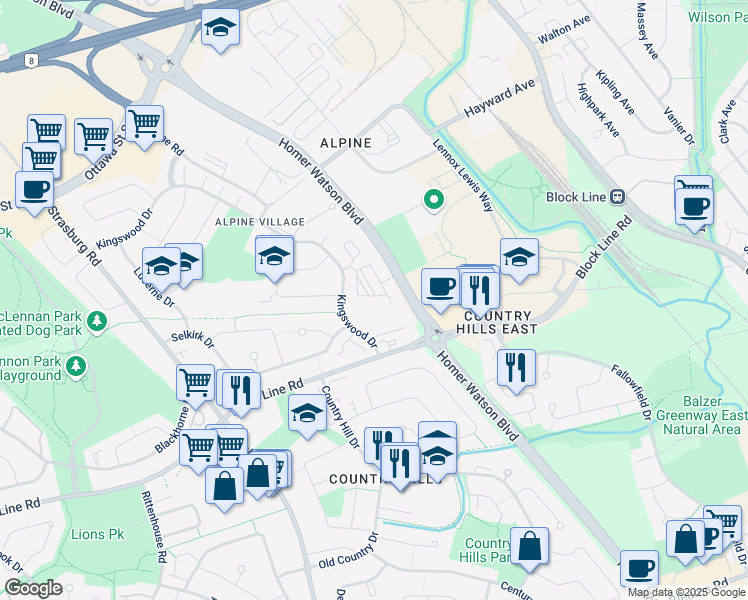 map of restaurants, bars, coffee shops, grocery stores, and more near 310 Kingswood Drive in Kitchener