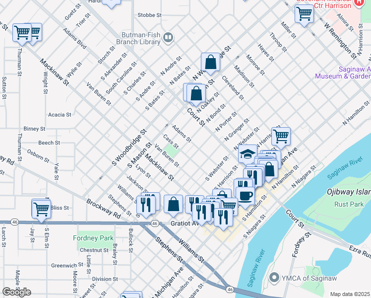 map of restaurants, bars, coffee shops, grocery stores, and more near 920 Cass Street in Saginaw