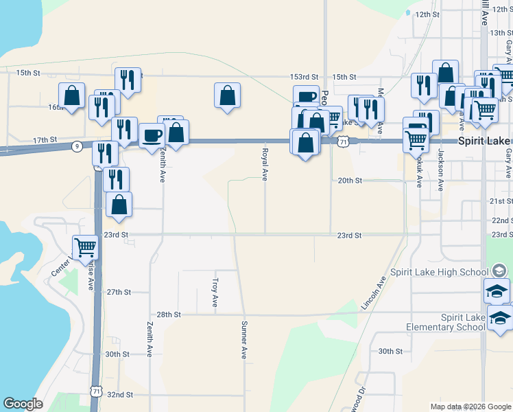 map of restaurants, bars, coffee shops, grocery stores, and more near Great Lakes Spine Trail in Spirit Lake