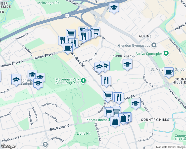 map of restaurants, bars, coffee shops, grocery stores, and more near 518 Strasburg Road in Kitchener