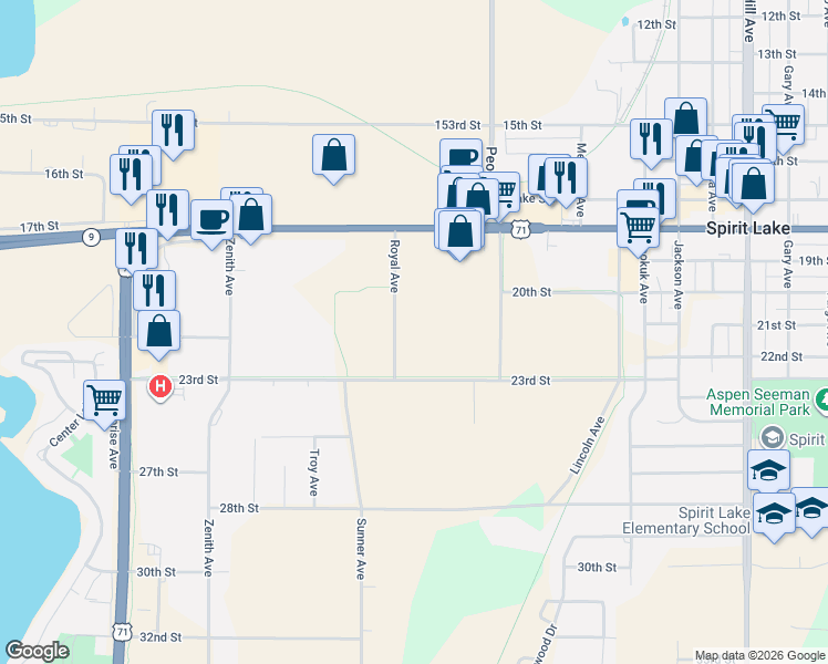 map of restaurants, bars, coffee shops, grocery stores, and more near Great Lakes Spine Trail in Spirit Lake