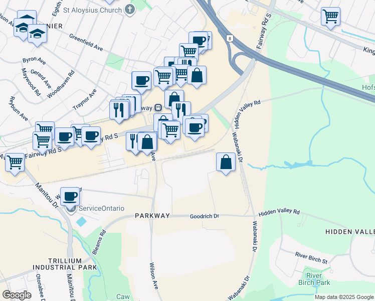 map of restaurants, bars, coffee shops, grocery stores, and more near 225 Webster Road in Kitchener
