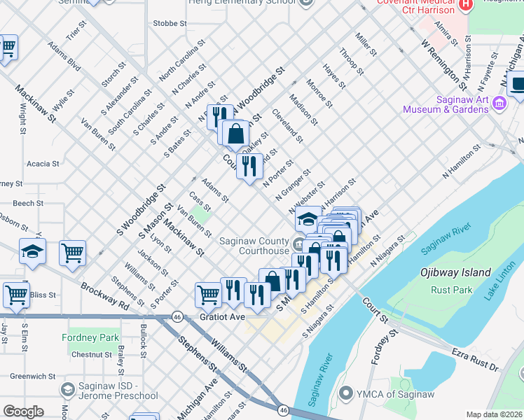 map of restaurants, bars, coffee shops, grocery stores, and more near 820 Adams Street in Saginaw