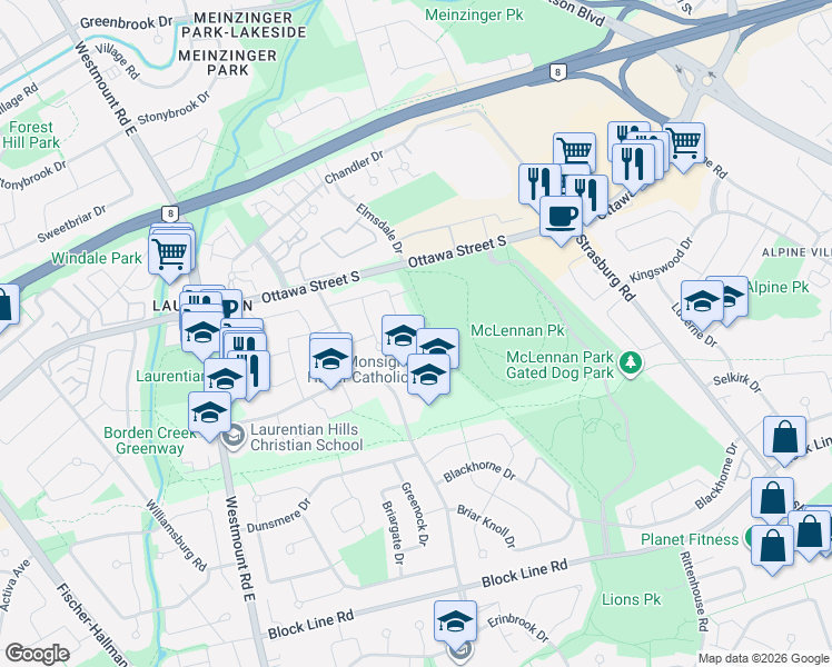 map of restaurants, bars, coffee shops, grocery stores, and more near 98 Shea Crescent in Kitchener