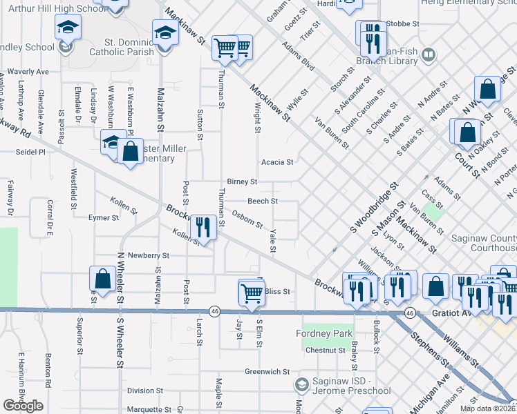 map of restaurants, bars, coffee shops, grocery stores, and more near 1619 Birney Street in Saginaw