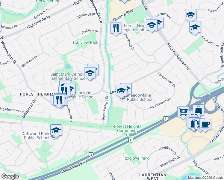 map of restaurants, bars, coffee shops, grocery stores, and more near 216 McGarry Drive in Kitchener