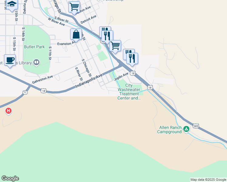 map of restaurants, bars, coffee shops, grocery stores, and more near Joplin Ave in Hot Springs