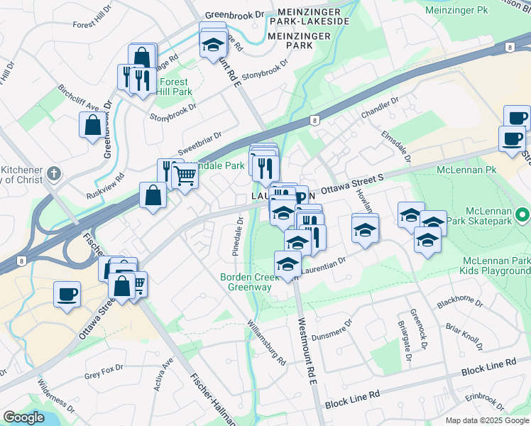 map of restaurants, bars, coffee shops, grocery stores, and more near 675 Westmount Road East in Kitchener