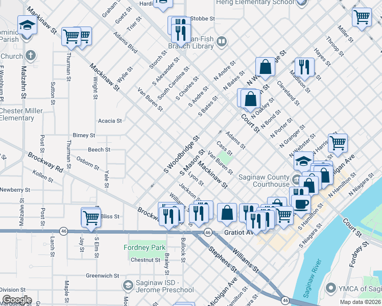 map of restaurants, bars, coffee shops, grocery stores, and more near 1321 Van Buren Street in Saginaw