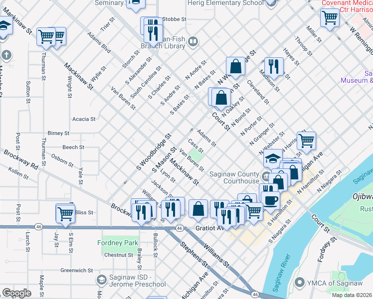 map of restaurants, bars, coffee shops, grocery stores, and more near 1221 Cass Street in Saginaw