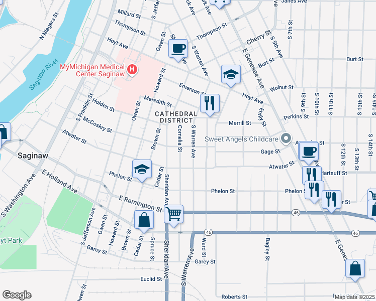 map of restaurants, bars, coffee shops, grocery stores, and more near 1147 South Warren Avenue in Saginaw