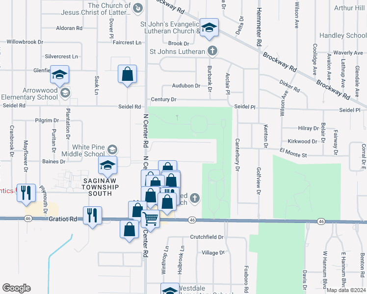 map of restaurants, bars, coffee shops, grocery stores, and more near 10 Center Woods Drive North in Saginaw