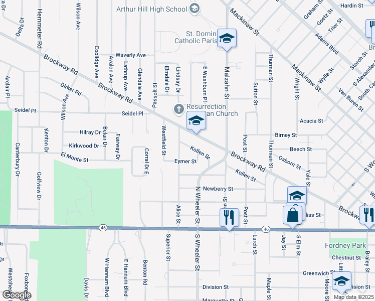 map of restaurants, bars, coffee shops, grocery stores, and more near 2032 Kollen Street in Saginaw