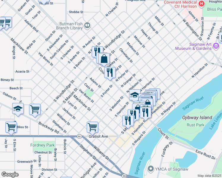 map of restaurants, bars, coffee shops, grocery stores, and more near 118 South Porter Street in Saginaw